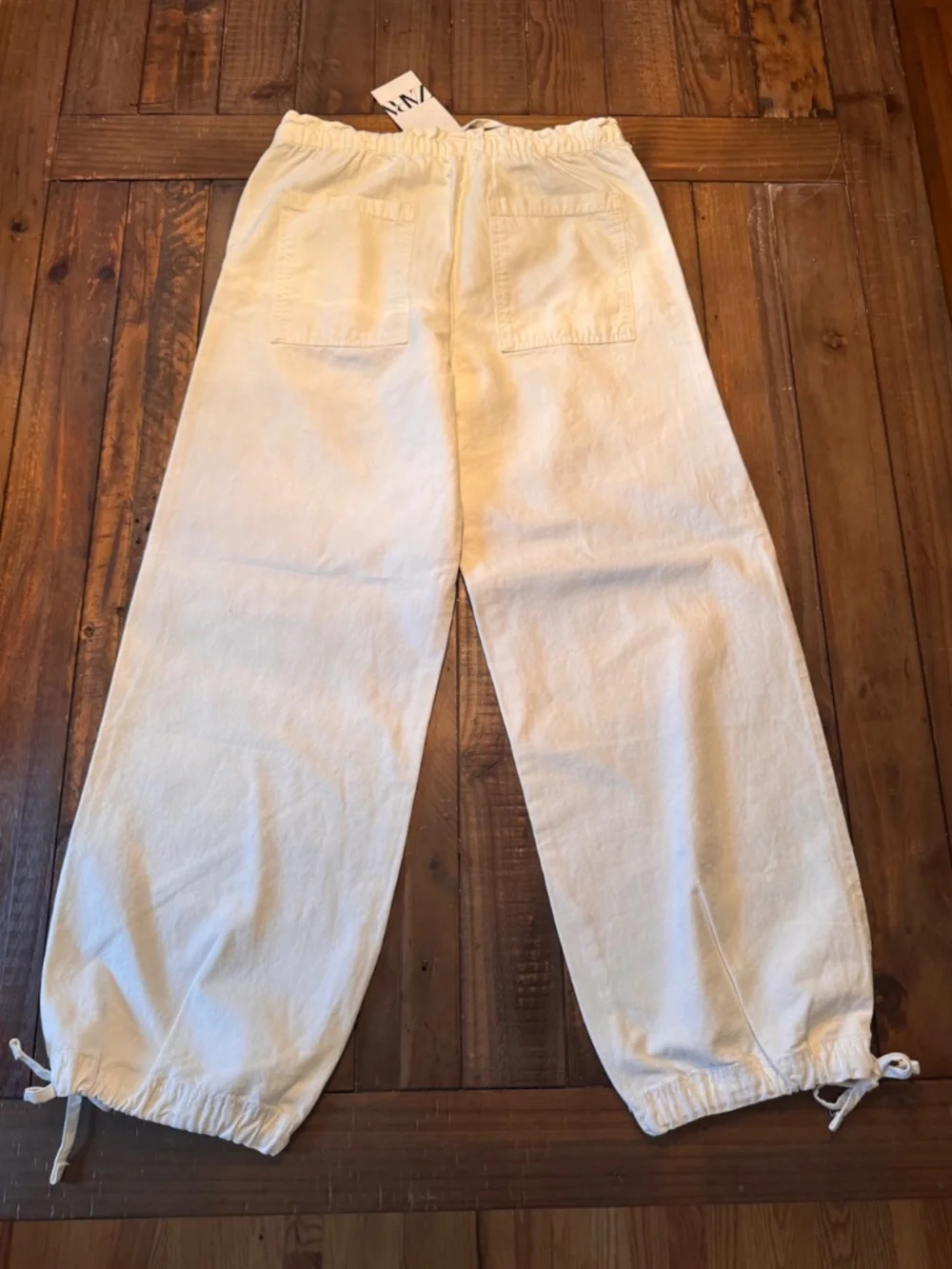Zara White Relaxed Linen Blend Pant. Tie-Hem Cuffs. Size Small